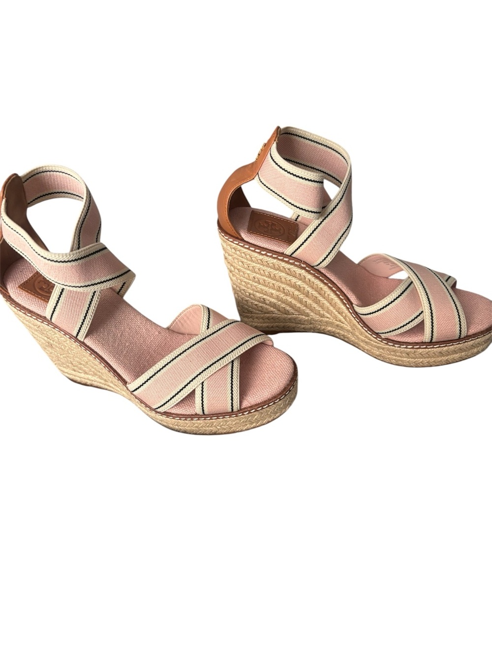 Tory Burch Pink Striped Canvas Espadrille Wedges